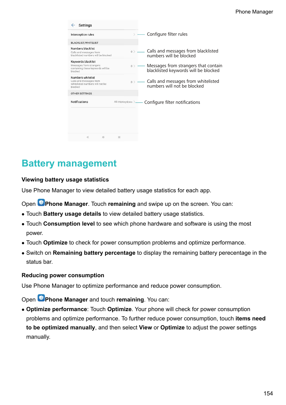 Battery management, Viewing battery usage statistics, Reducing power consumption | Huawei Mate 9 User Manual | Page 160 / 205