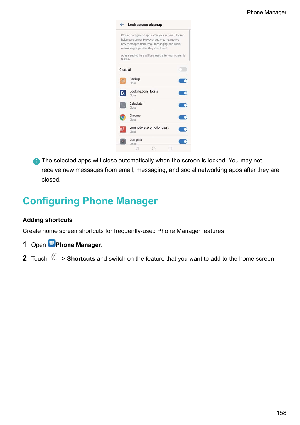 Configuring phone manager, Adding shortcuts | Huawei Mate 9 User Manual | Page 164 / 205