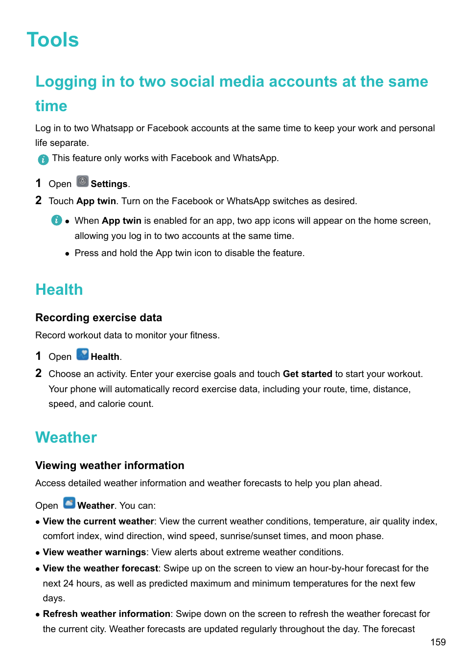 Tools, Health, Recording exercise data | Weather, Viewing weather information | Huawei Mate 9 User Manual | Page 165 / 205