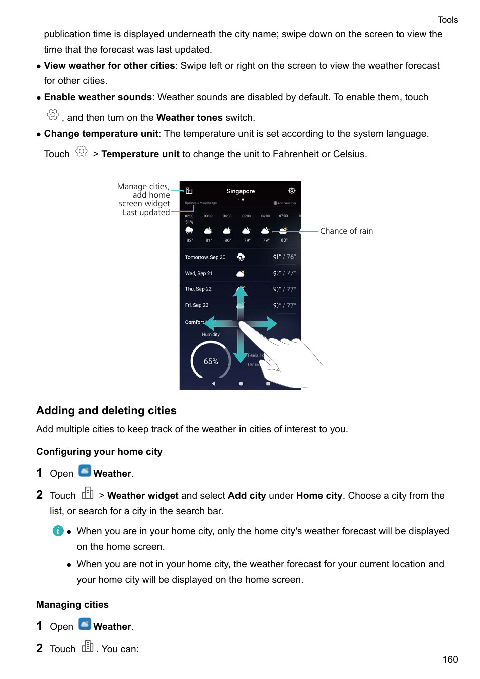 Adding and deleting cities, Configuring your home city, Managing cities | Huawei Mate 9 User Manual | Page 166 / 205