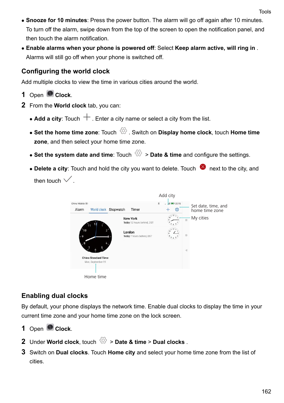 Configuring the world clock, Enabling dual clocks | Huawei Mate 9 User Manual | Page 168 / 205