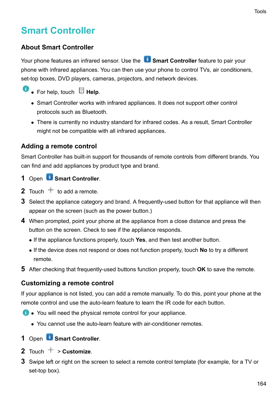 Smart controller, About smart controller, Adding a remote control | Customizing a remote control | Huawei Mate 9 User Manual | Page 170 / 205