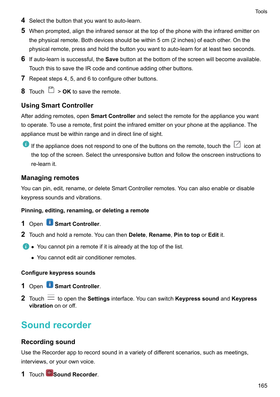 Using smart controller, Managing remotes, Pinning, editing, renaming, or deleting a remote | Configure keypress sounds, Sound recorder, Recording sound | Huawei Mate 9 User Manual | Page 171 / 205