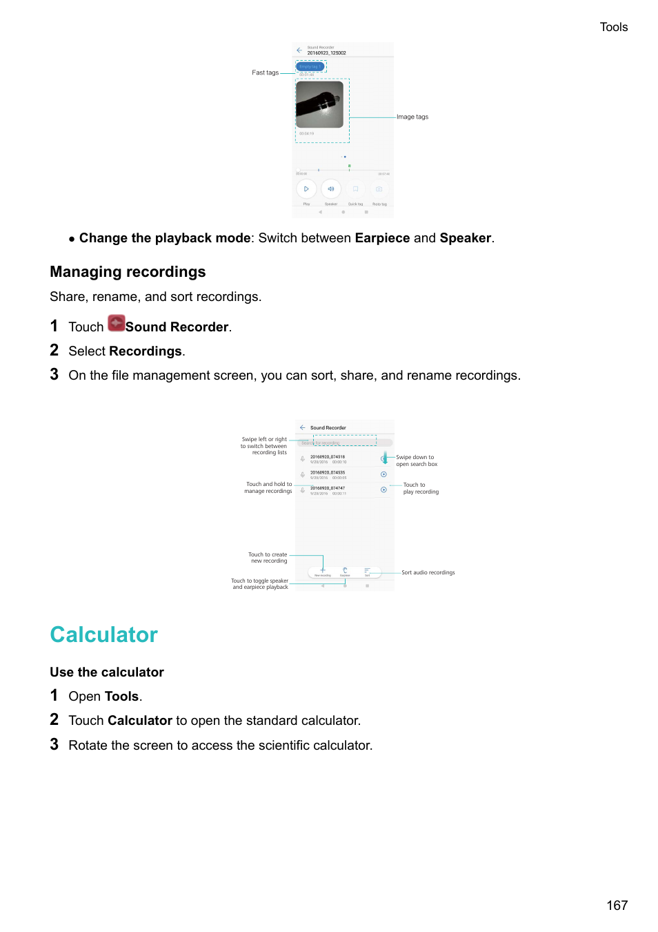 Managing recordings, Calculator, Use the calculator | Huawei Mate 9 User Manual | Page 173 / 205