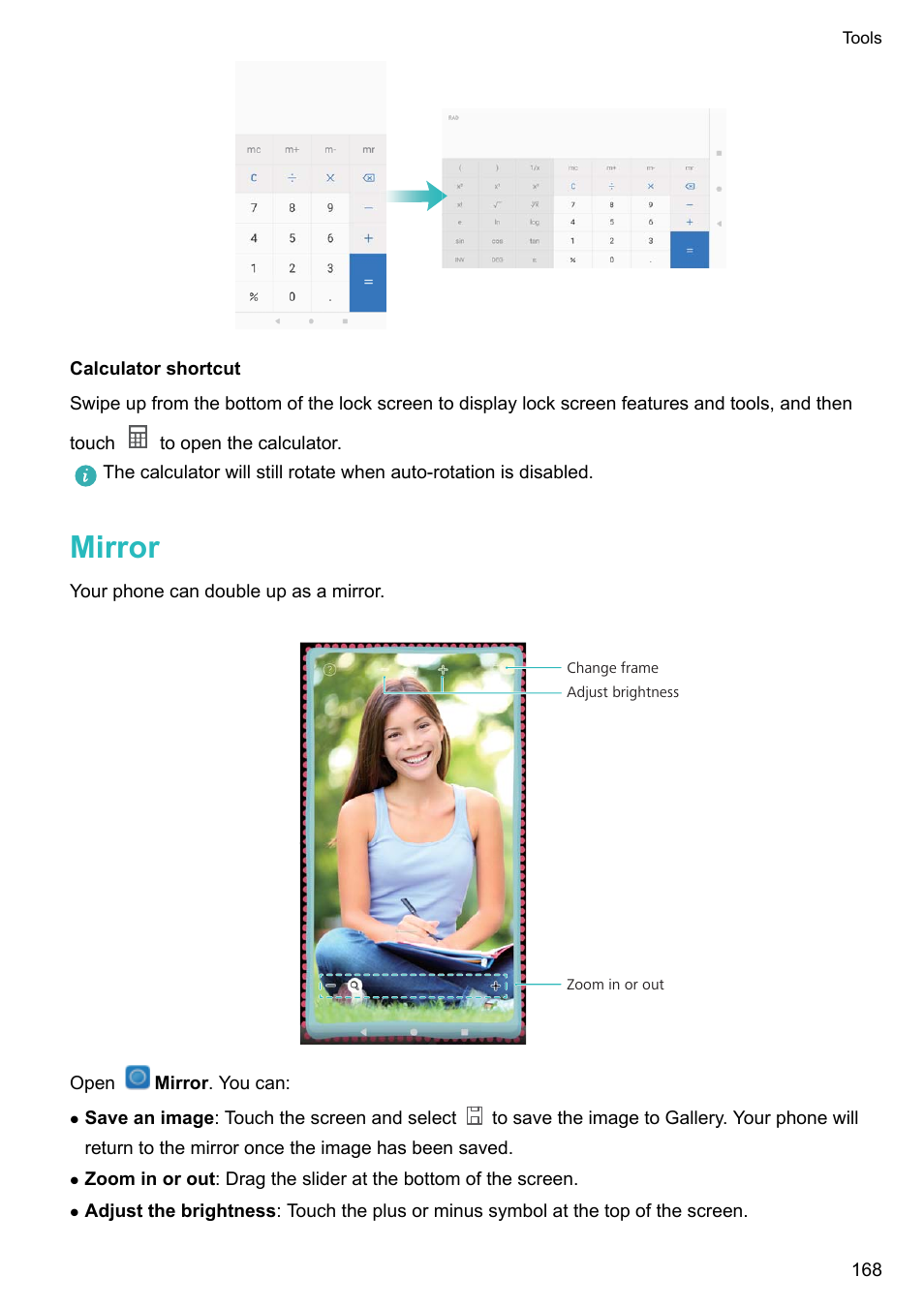 Calculator shortcut, Mirror | Huawei Mate 9 User Manual | Page 174 / 205