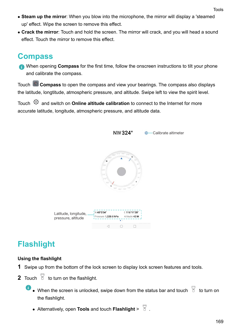 Compass, Flashlight, Using the flashlight | Huawei Mate 9 User Manual | Page 175 / 205