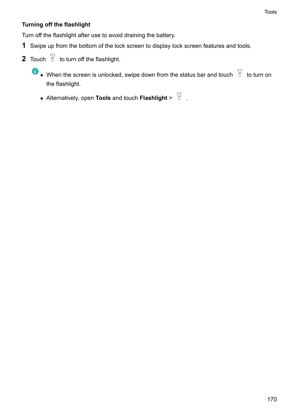 Turning off the flashlight | Huawei Mate 9 User Manual | Page 176 / 205