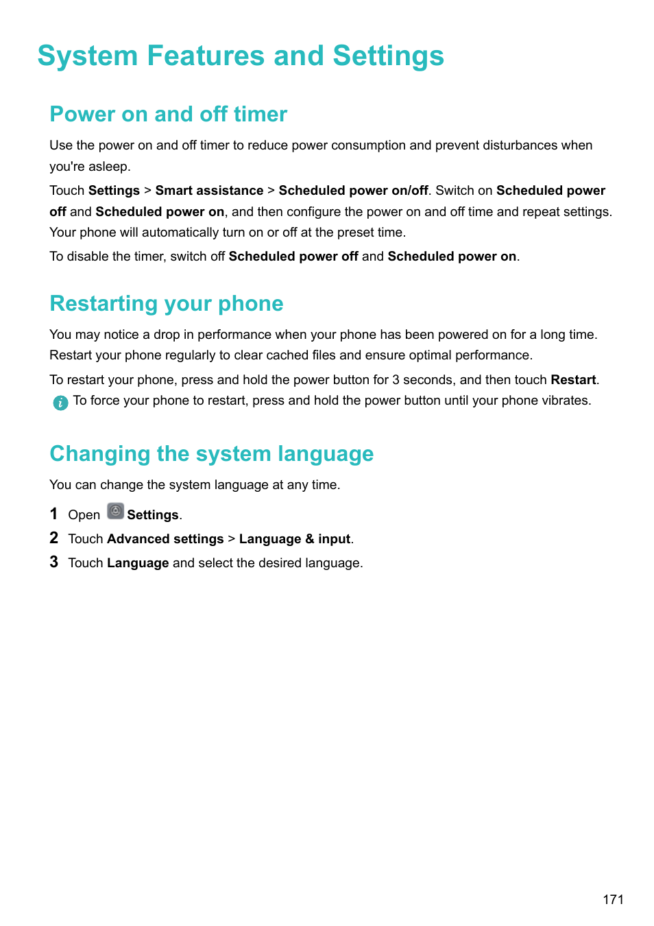 System features and settings, Power on and off timer, Restarting your phone | Changing the system language | Huawei Mate 9 User Manual | Page 177 / 205