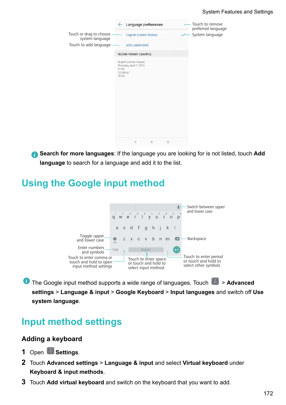 Using the google input method, Input method settings, Adding a keyboard | Huawei Mate 9 User Manual | Page 178 / 205