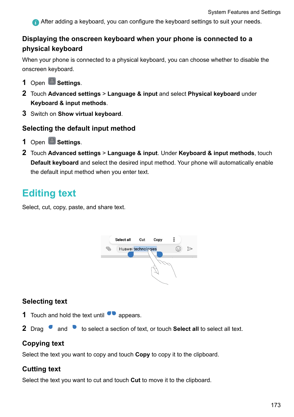 Selecting the default input method, Editing text, Selecting text | Copying text, Cutting text | Huawei Mate 9 User Manual | Page 179 / 205