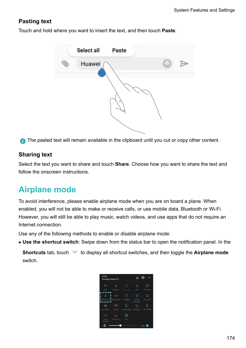 Pasting text, Sharing text, Airplane mode | Huawei Mate 9 User Manual | Page 180 / 205