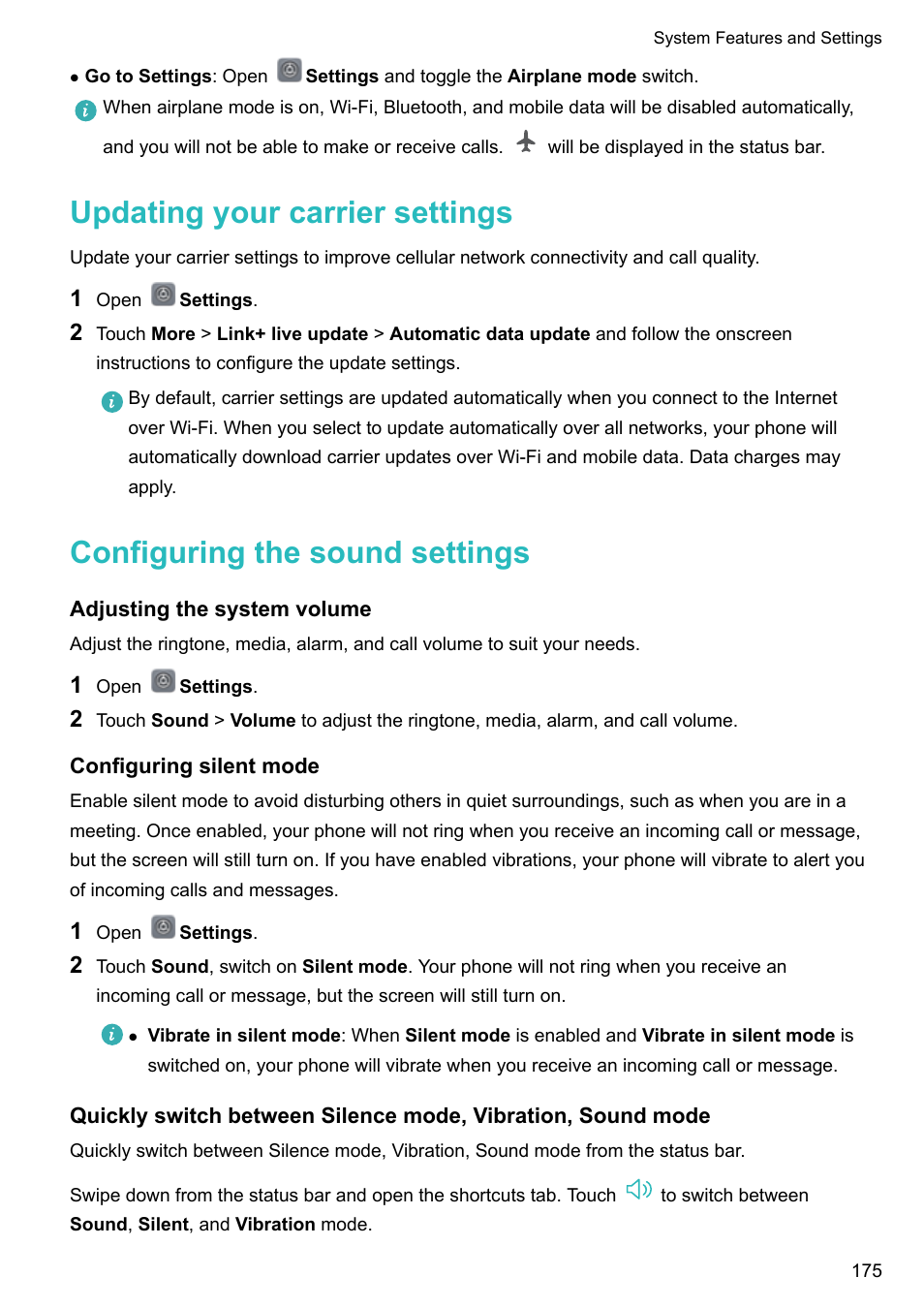 Updating your carrier settings, Configuring the sound settings, Adjusting the system volume | Configuring silent mode | Huawei Mate 9 User Manual | Page 181 / 205