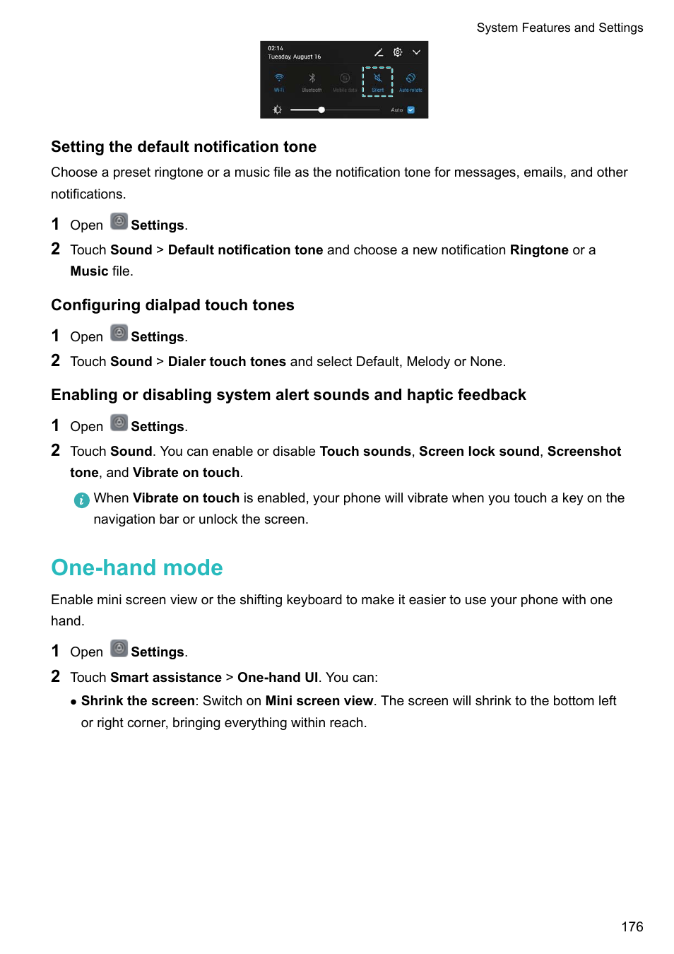 Setting the default notification tone, Configuring dialpad touch tones, One-hand mode | Huawei Mate 9 User Manual | Page 182 / 205