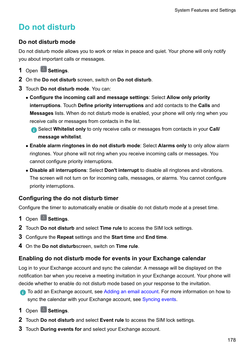 Do not disturb, Do not disturb mode, Configuring the do not disturb timer | Huawei Mate 9 User Manual | Page 184 / 205