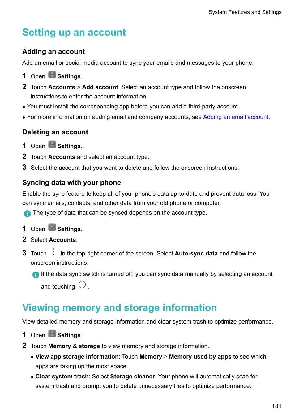 Setting up an account, Adding an account, Deleting an account | Syncing data with your phone, Viewing memory and storage information | Huawei Mate 9 User Manual | Page 187 / 205