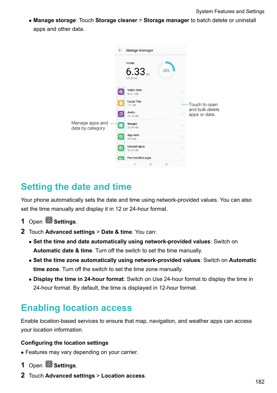 Setting the date and time, Enabling location access, Configuring the location settings | Huawei Mate 9 User Manual | Page 188 / 205