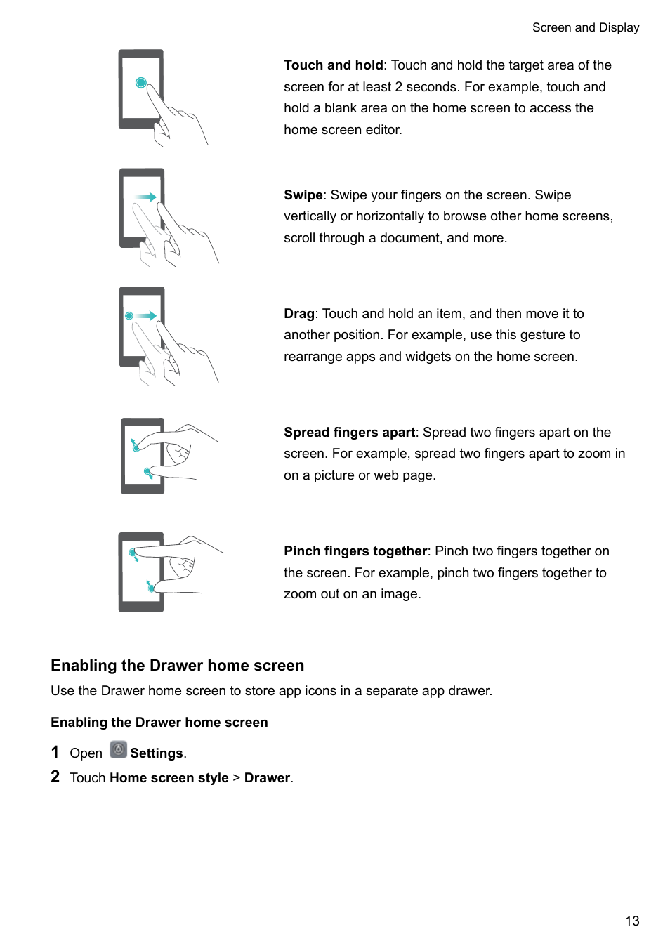 Enabling the drawer home screen | Huawei Mate 9 User Manual | Page 19 / 205