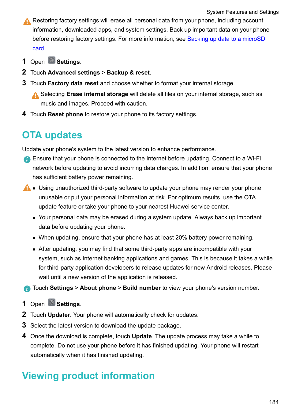 Ota updates, Viewing product information | Huawei Mate 9 User Manual | Page 190 / 205