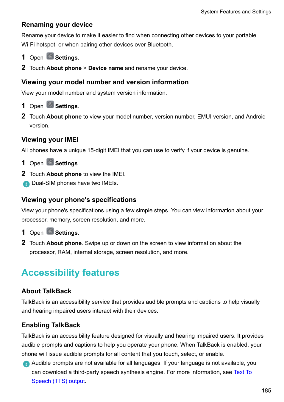 Renaming your device, Viewing your model number and version information, Viewing your imei | Viewing your phone's specifications, Accessibility features, About talkback, Enabling talkback | Huawei Mate 9 User Manual | Page 191 / 205