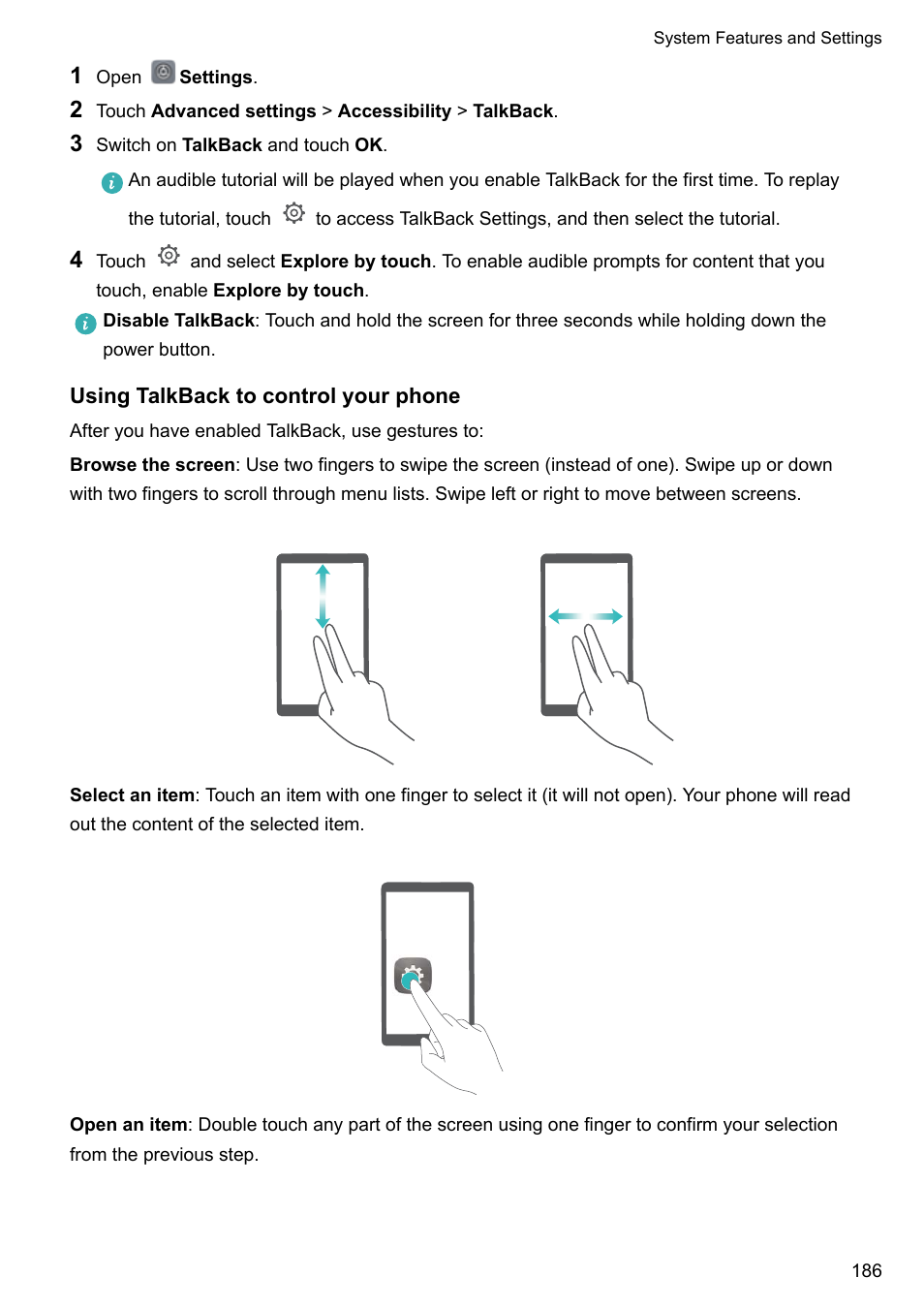 Using talkback to control your phone | Huawei Mate 9 User Manual | Page 192 / 205