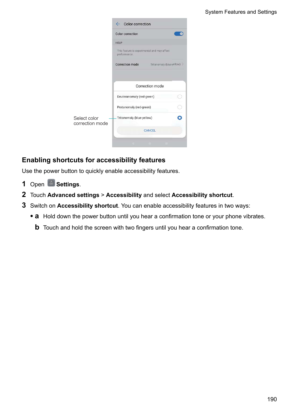 Enabling shortcuts for accessibility features | Huawei Mate 9 User Manual | Page 196 / 205