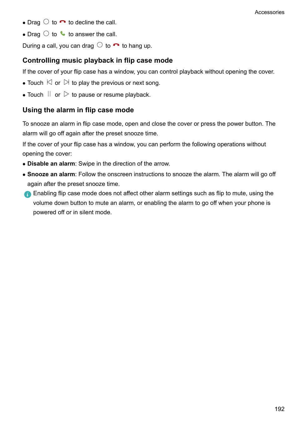 Controlling music playback in flip case mode, Using the alarm in flip case mode | Huawei Mate 9 User Manual | Page 198 / 205