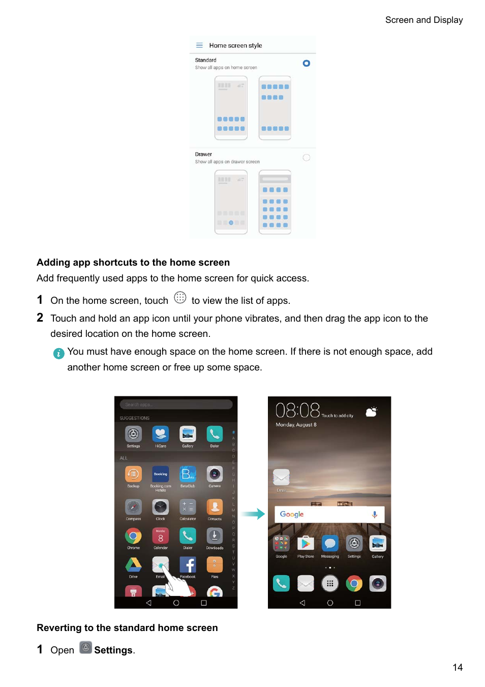 Adding app shortcuts to the home screen, Reverting to the standard home screen | Huawei Mate 9 User Manual | Page 20 / 205