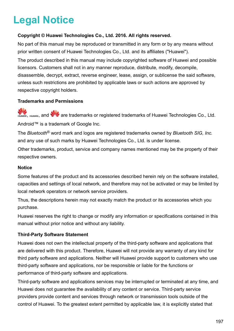 Legal notice, Trademarks and permissions, Notice | Third-party software statement | Huawei Mate 9 User Manual | Page 203 / 205