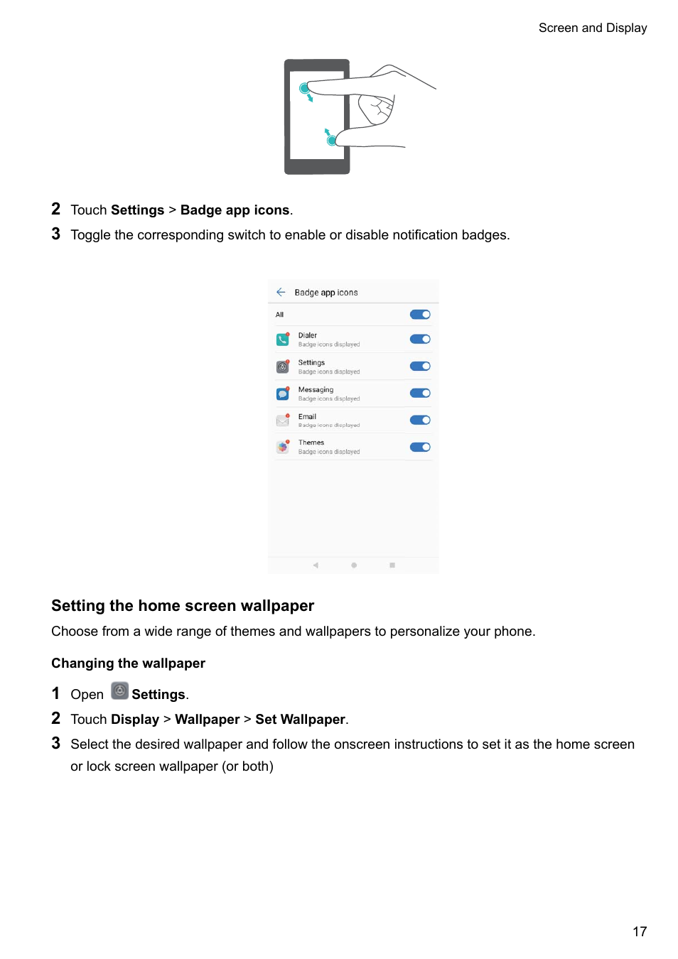 Setting the home screen wallpaper, Changing the wallpaper | Huawei Mate 9 User Manual | Page 23 / 205