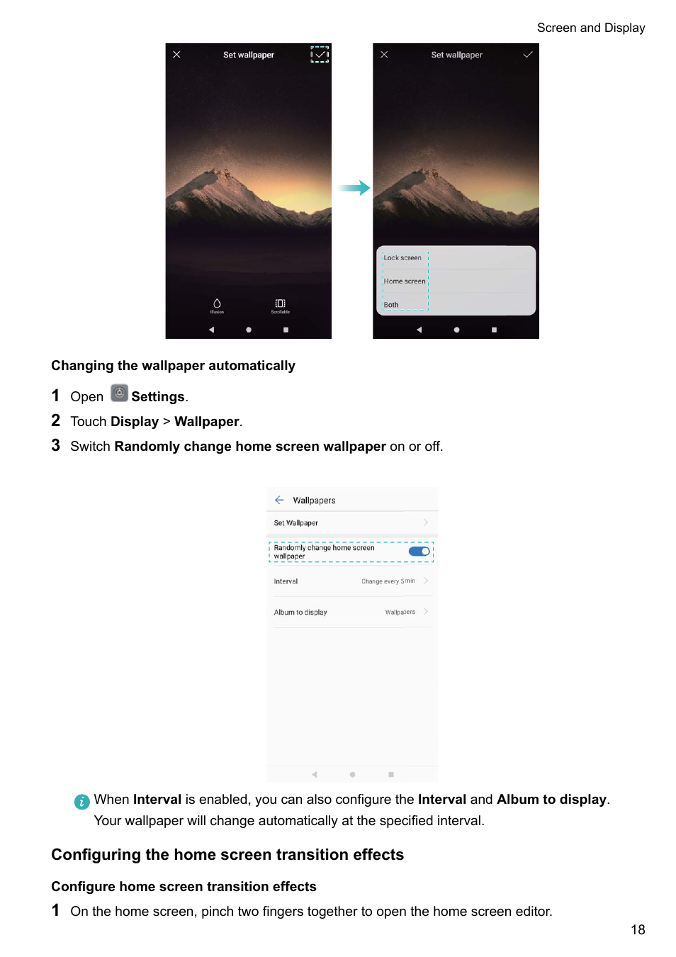 Changing the wallpaper automatically, Configuring the home screen transition effects, Configure home screen transition effects | Huawei Mate 9 User Manual | Page 24 / 205