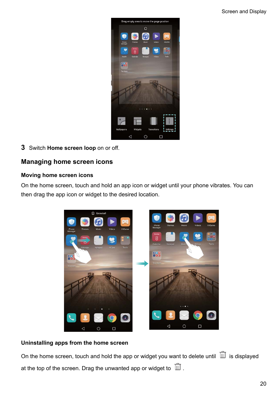 Managing home screen icons, Moving home screen icons, Uninstalling apps from the home screen | Huawei Mate 9 User Manual | Page 26 / 205