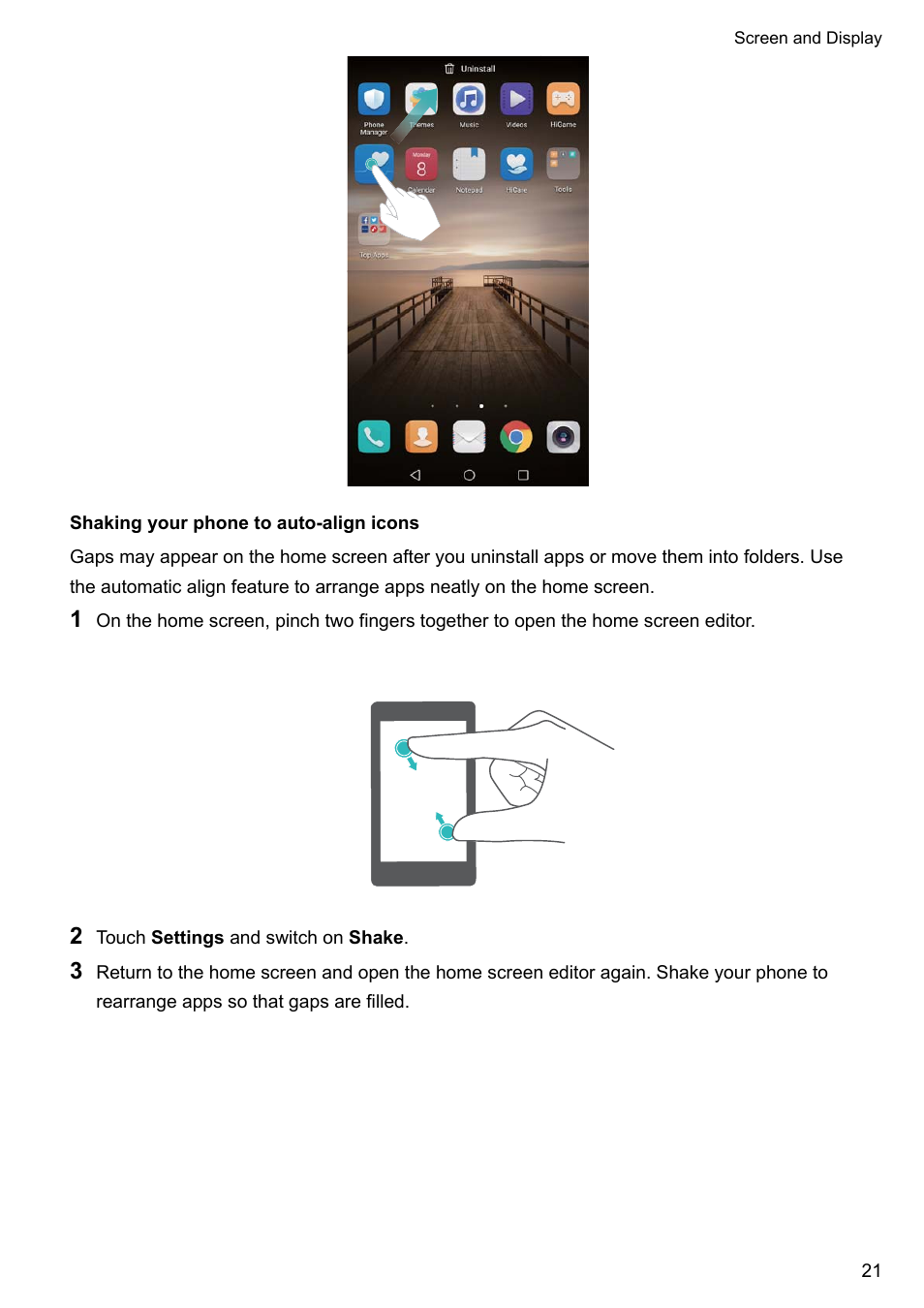 Shaking your phone to auto-align icons | Huawei Mate 9 User Manual | Page 27 / 205