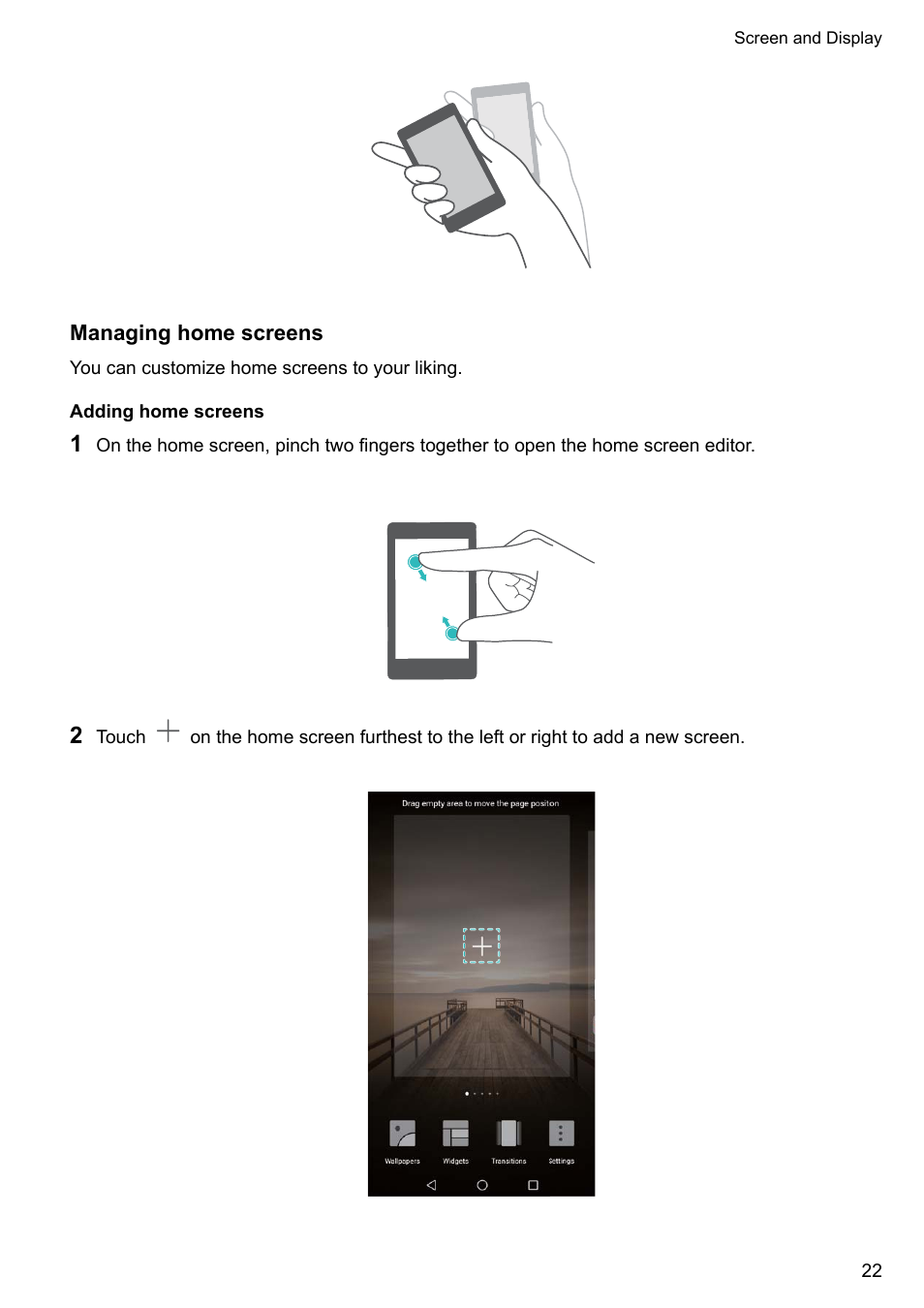 Managing home screens, Adding home screens | Huawei Mate 9 User Manual | Page 28 / 205