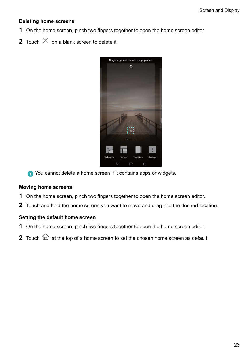 Deleting home screens, Moving home screens, Setting the default home screen | Huawei Mate 9 User Manual | Page 29 / 205