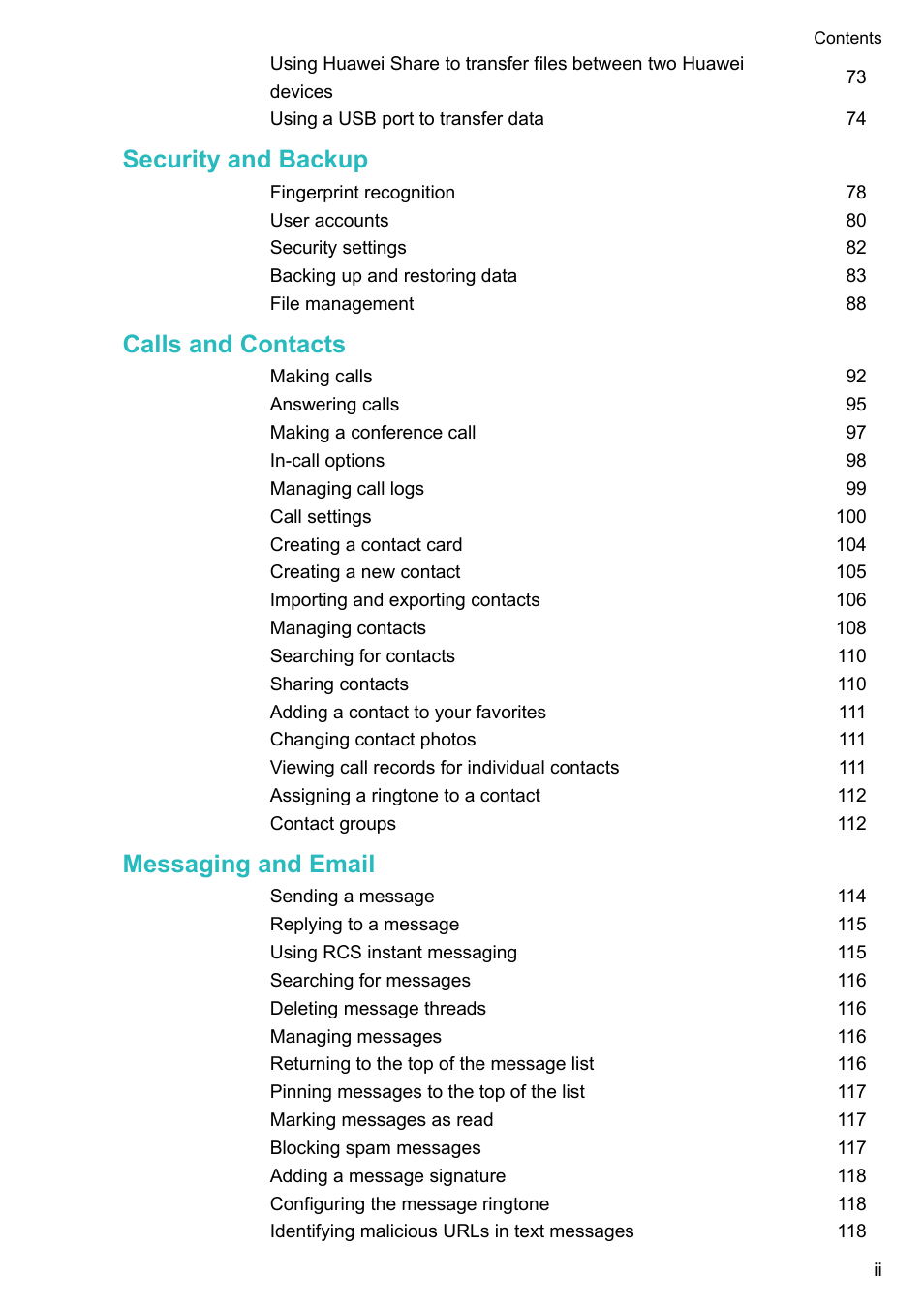 Security and backup, Calls and contacts, Messaging and email | Huawei Mate 9 User Manual | Page 3 / 205