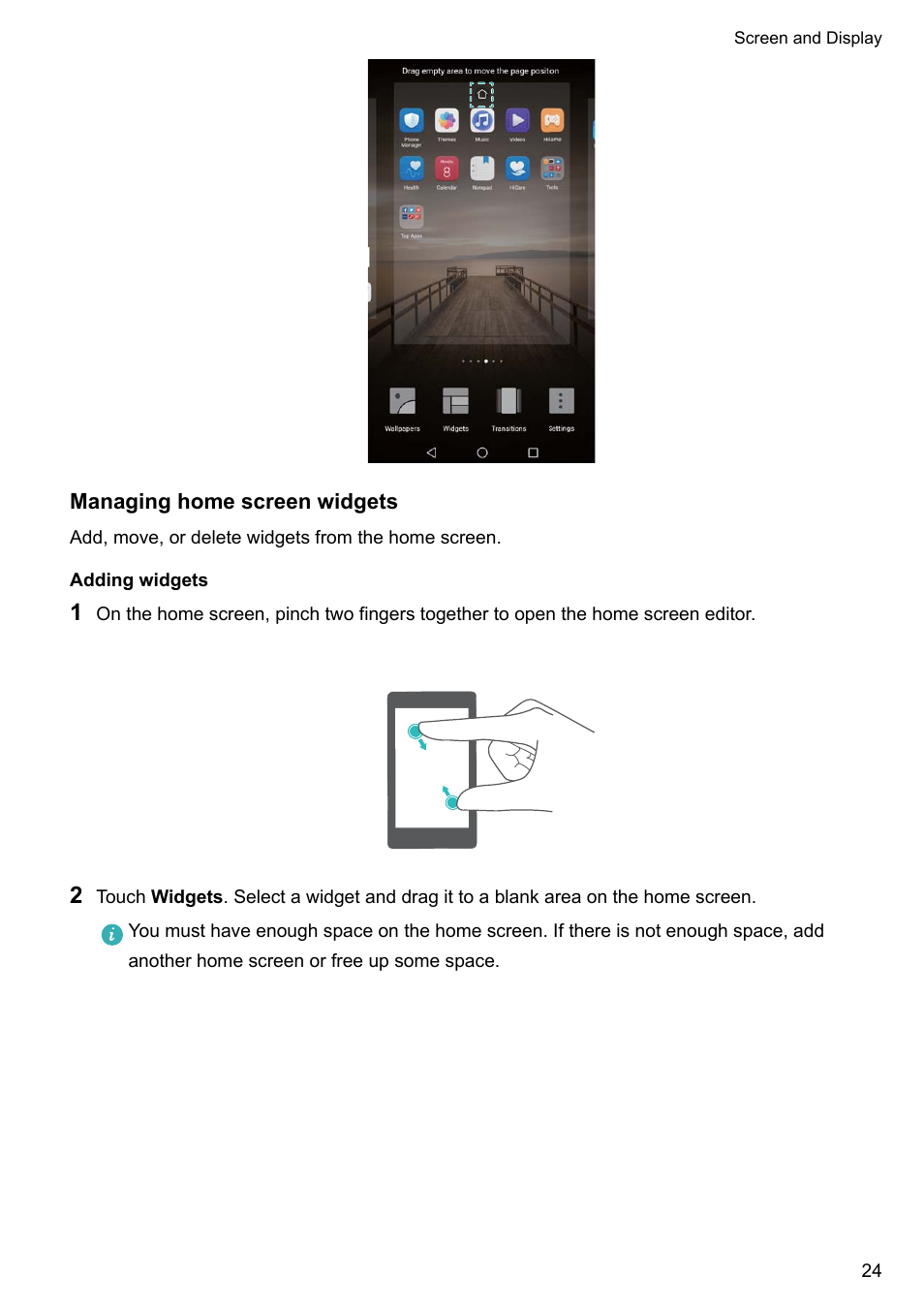 Managing home screen widgets, Adding widgets | Huawei Mate 9 User Manual | Page 30 / 205