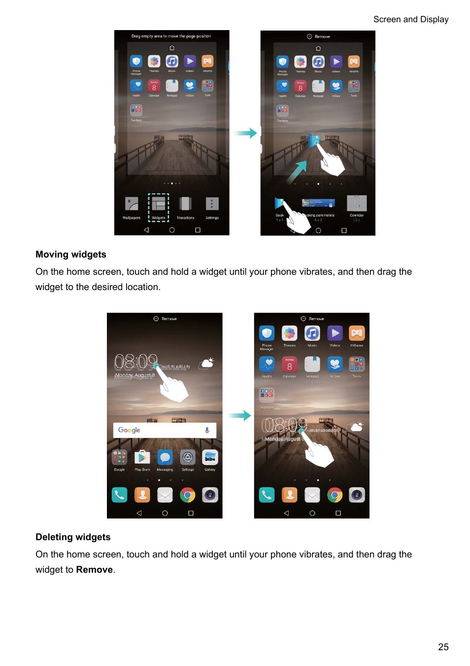 Moving widgets, Deleting widgets | Huawei Mate 9 User Manual | Page 31 / 205