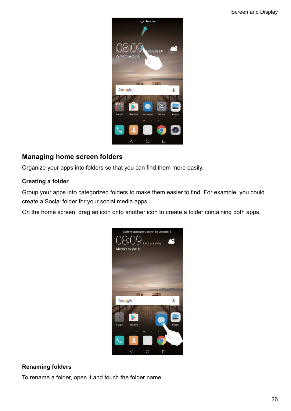 Managing home screen folders, Creating a folder, Renaming folders | Huawei Mate 9 User Manual | Page 32 / 205