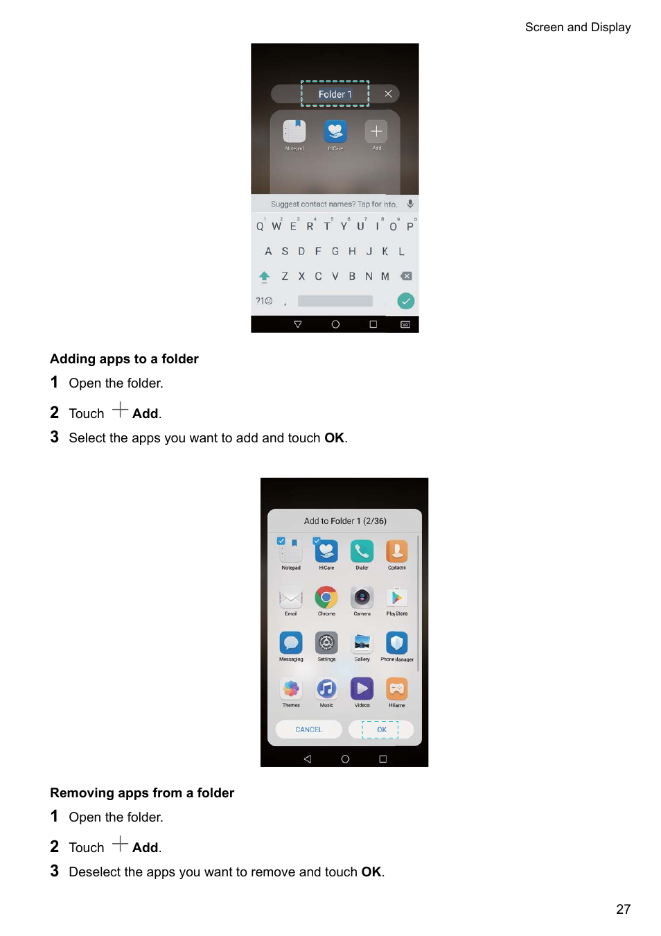 Adding apps to a folder, Removing apps from a folder | Huawei Mate 9 User Manual | Page 33 / 205