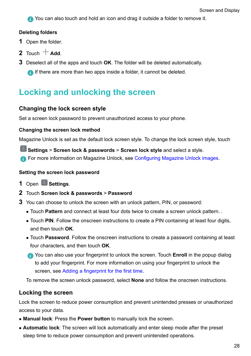 Deleting folders, Locking and unlocking the screen, Changing the lock screen style | Changing the screen lock method, Setting the screen lock password, Locking the screen | Huawei Mate 9 User Manual | Page 34 / 205