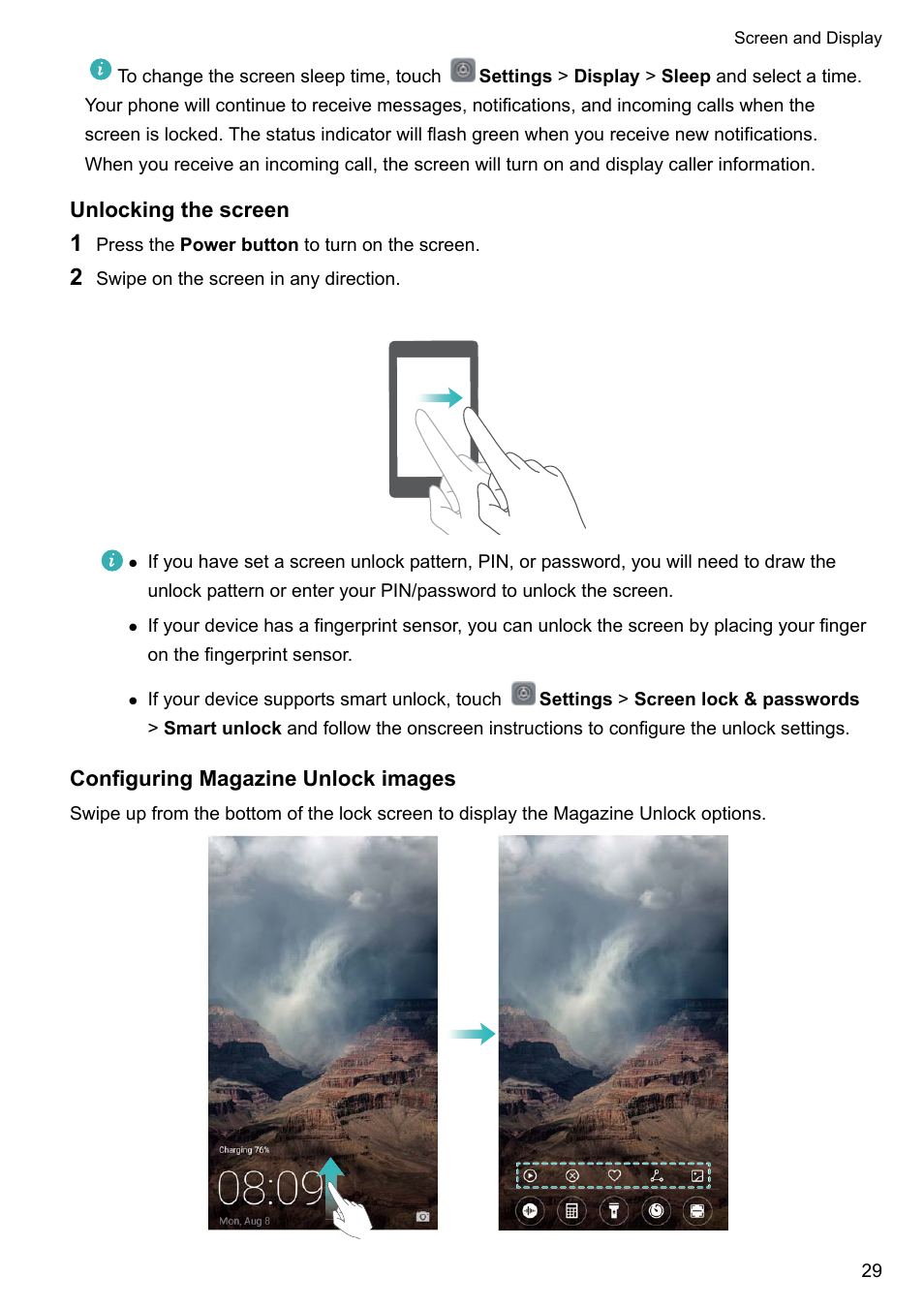 Unlocking the screen, Configuring magazine unlock images | Huawei Mate 9 User Manual | Page 35 / 205