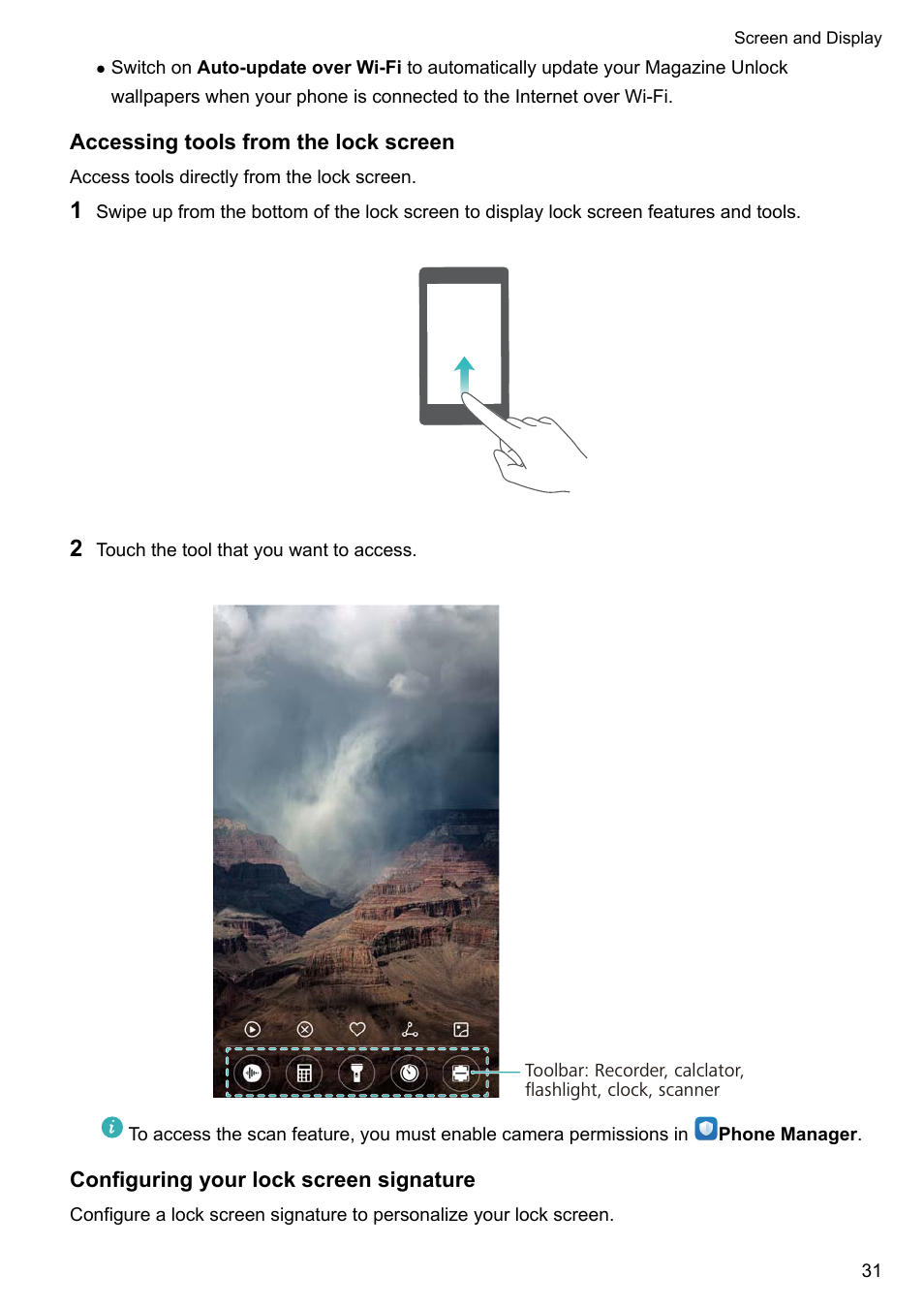 Accessing tools from the lock screen, Configuring your lock screen signature | Huawei Mate 9 User Manual | Page 37 / 205