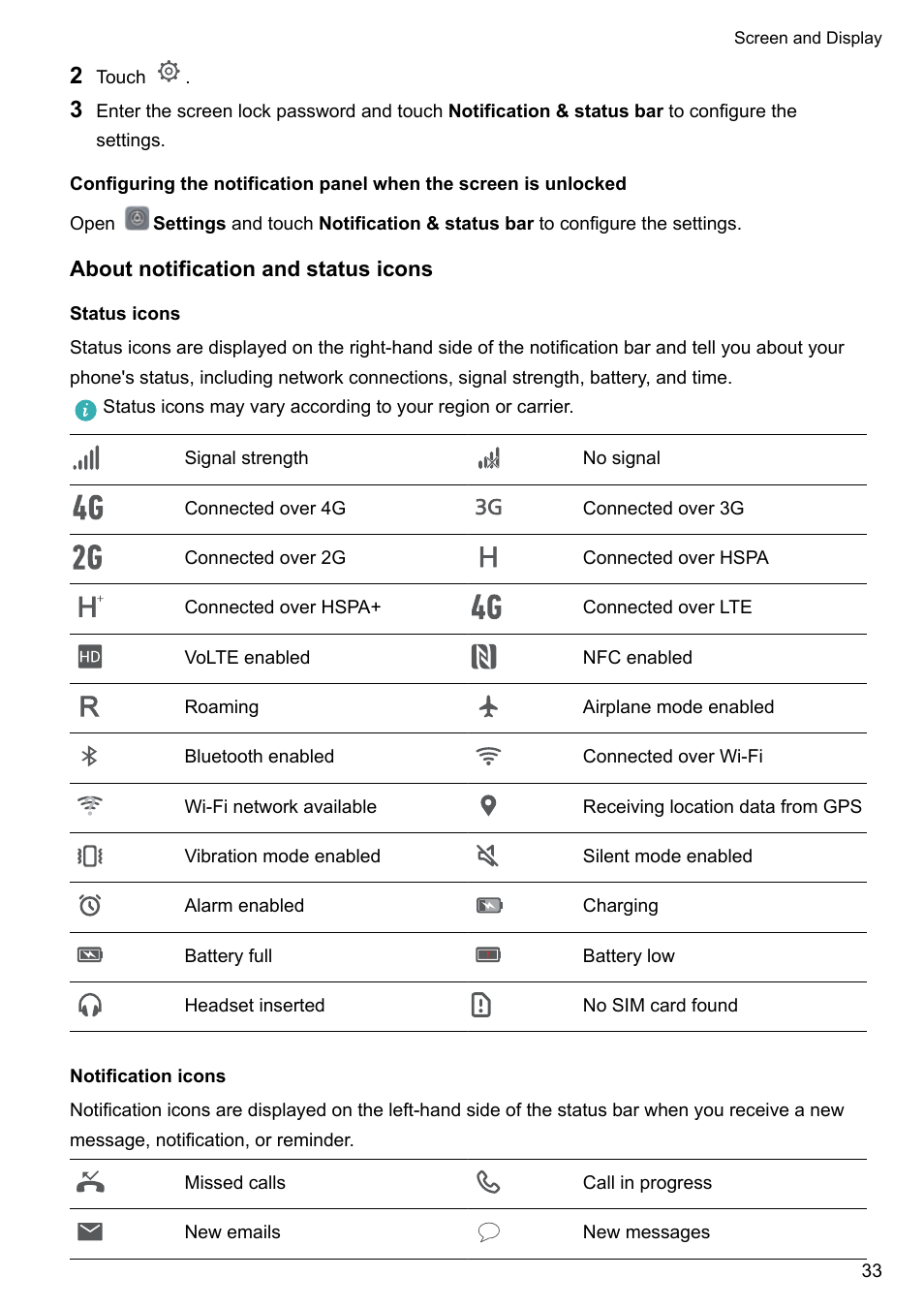 About notification and status icons, Status icons, Notification icons | Huawei Mate 9 User Manual | Page 39 / 205