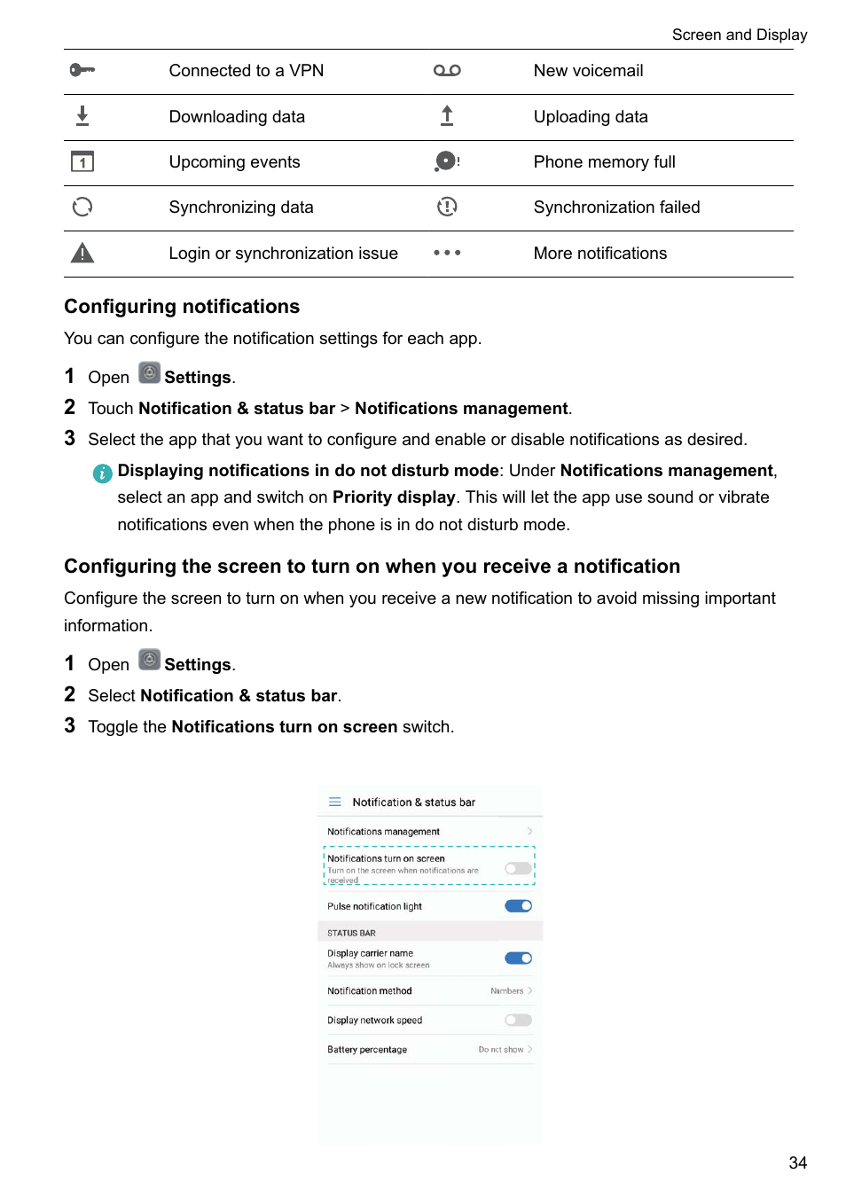 Configuring notifications | Huawei Mate 9 User Manual | Page 40 / 205