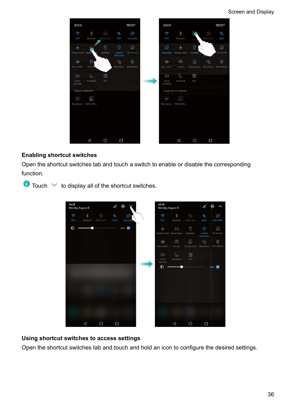 Enabling shortcut switches, Using shortcut switches to access settings | Huawei Mate 9 User Manual | Page 42 / 205