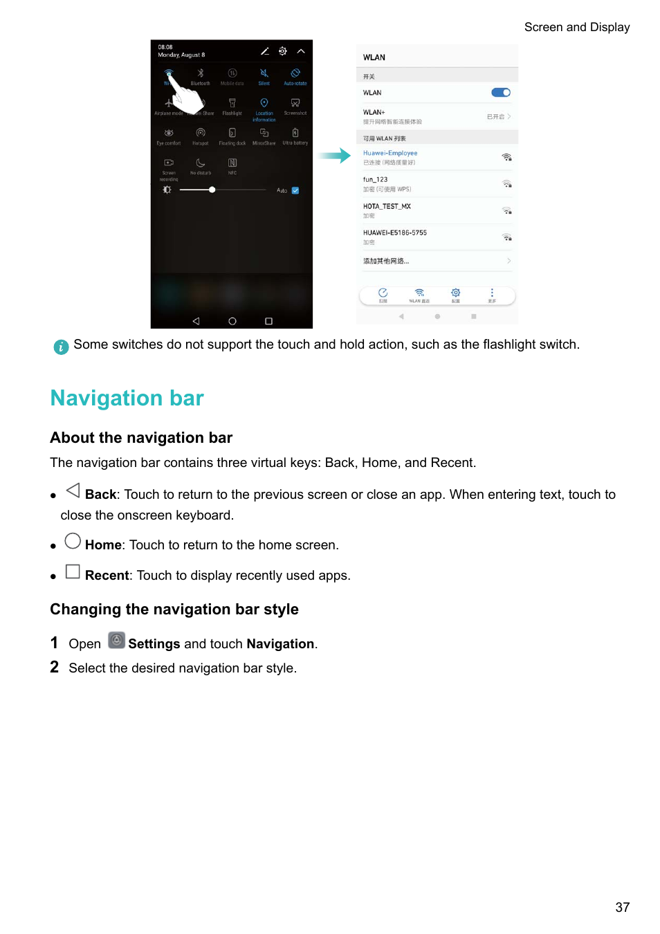 Navigation bar, About the navigation bar, Changing the navigation bar style | Huawei Mate 9 User Manual | Page 43 / 205