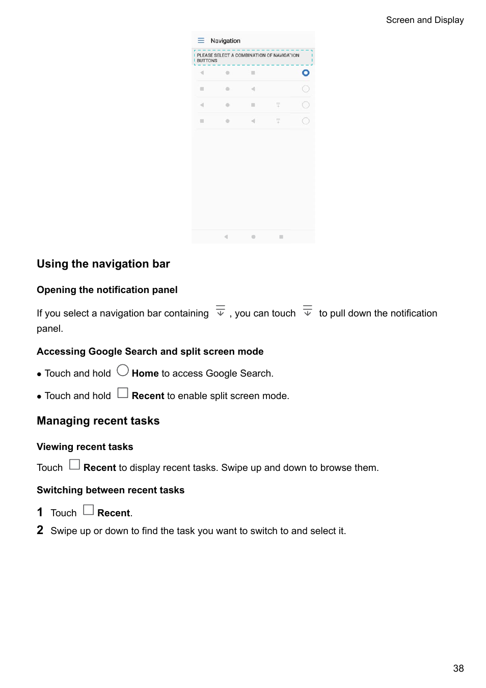 Using the navigation bar, Opening the notification panel, Accessing google search and split screen mode | Managing recent tasks, Viewing recent tasks, Switching between recent tasks | Huawei Mate 9 User Manual | Page 44 / 205