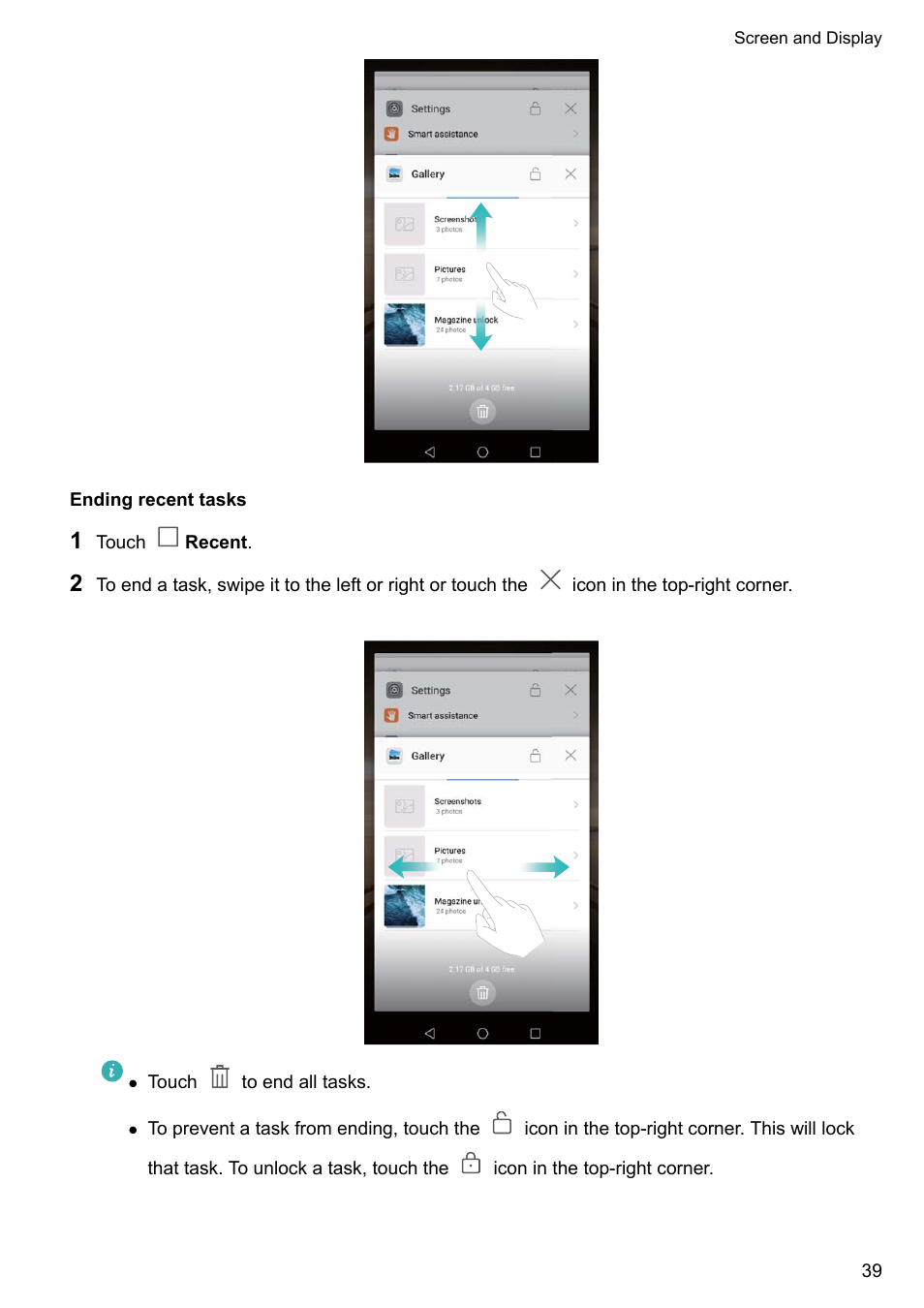 Ending recent tasks | Huawei Mate 9 User Manual | Page 45 / 205