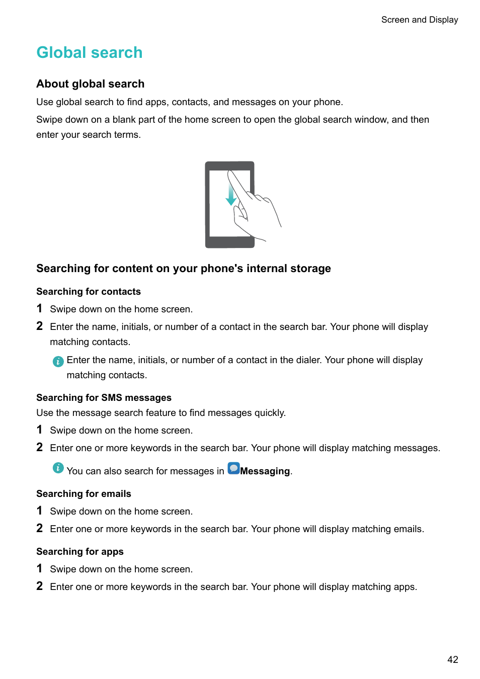 Global search, About global search, Searching for contacts | Searching for sms messages, Searching for emails, Searching for apps | Huawei Mate 9 User Manual | Page 48 / 205