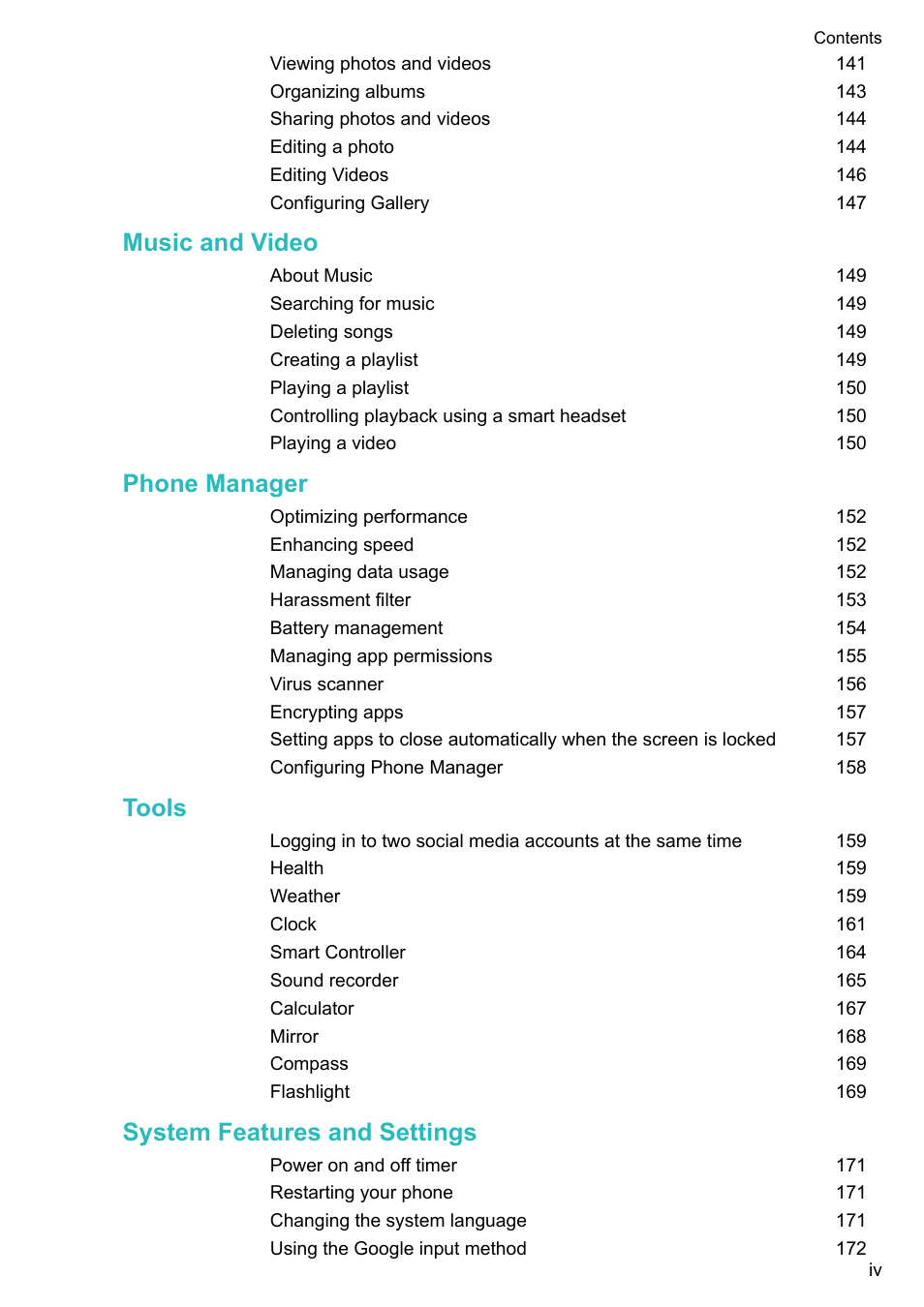 Music and video, Phone manager, Tools | System features and settings | Huawei Mate 9 User Manual | Page 5 / 205